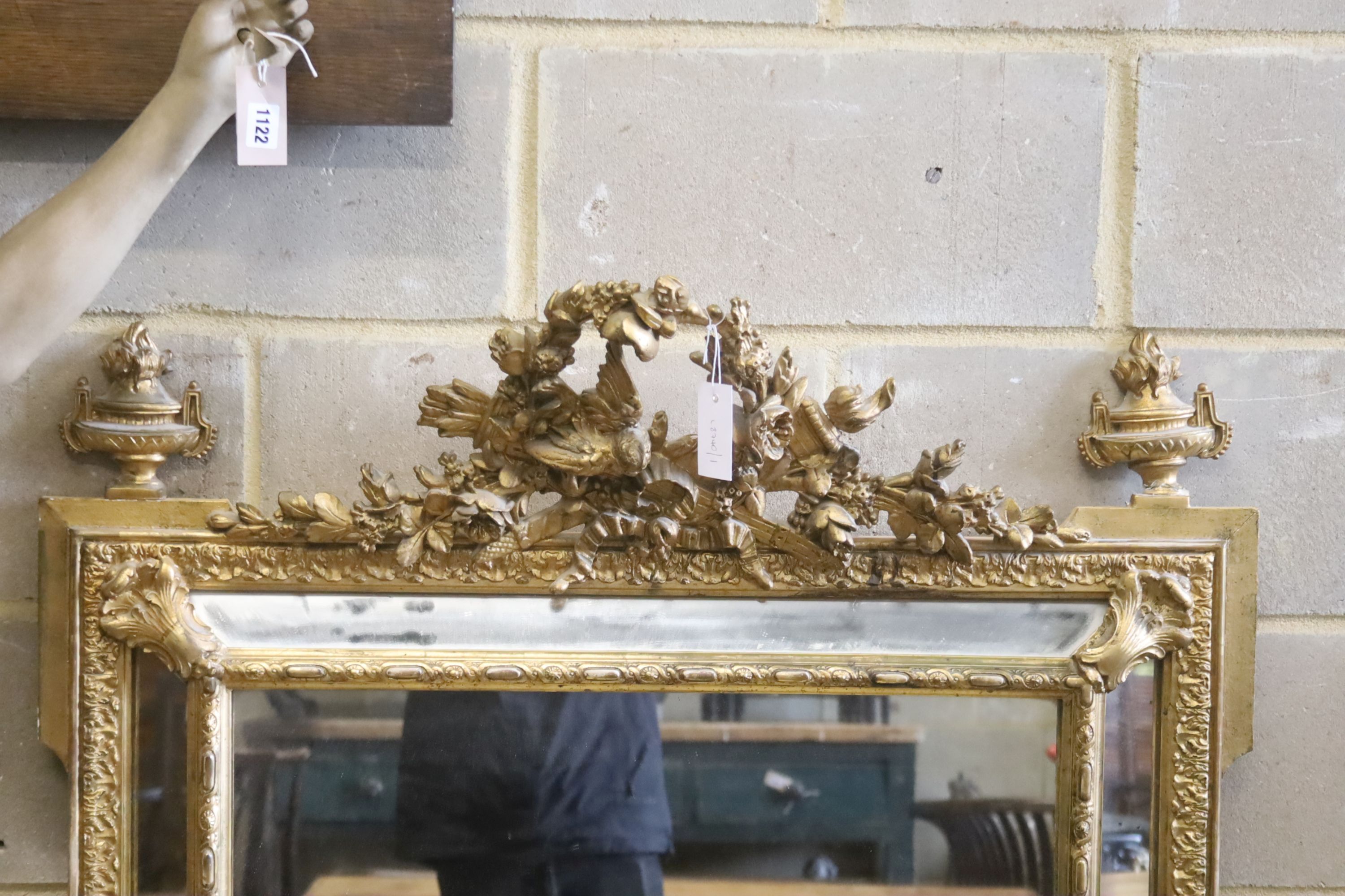 A 19th century French giltwood and gesso marginal plate wall mirror, width 94cm, height 165cm